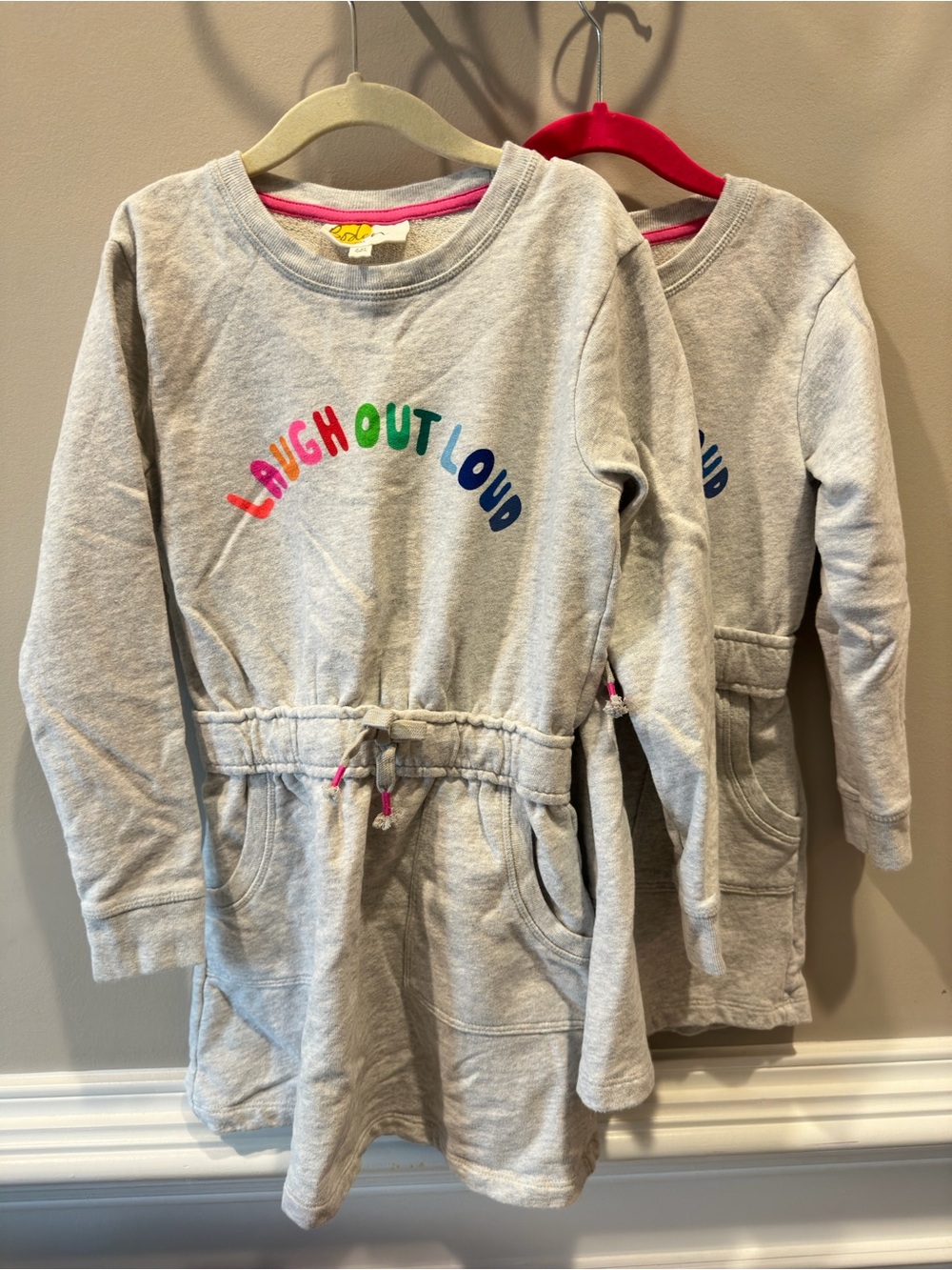 Mini Boden Grey Knit Dress Top with Rainbow 'Laugh Out Loud' Print